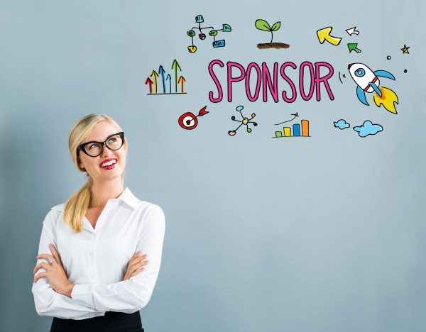 Sponsor text with business woman on a gray background